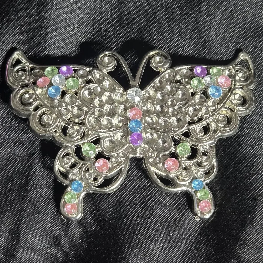 Vintage Butterfly Belt Buckle‎ Silver Tone Blue Pink Green Pastel Rhinestones